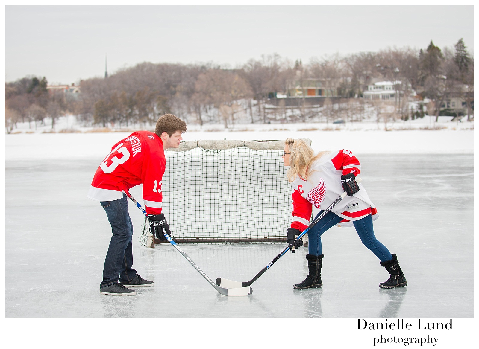 Lake of the Isles Red Wings Hockey Uptown Minneapolis Engagement Photography in Lowry Hill 